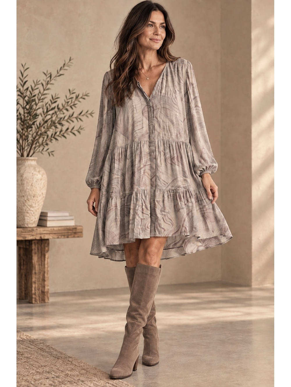 Aritzia Wilfred Barossa Babydoll Mini Dress Grey Swirl Print Large